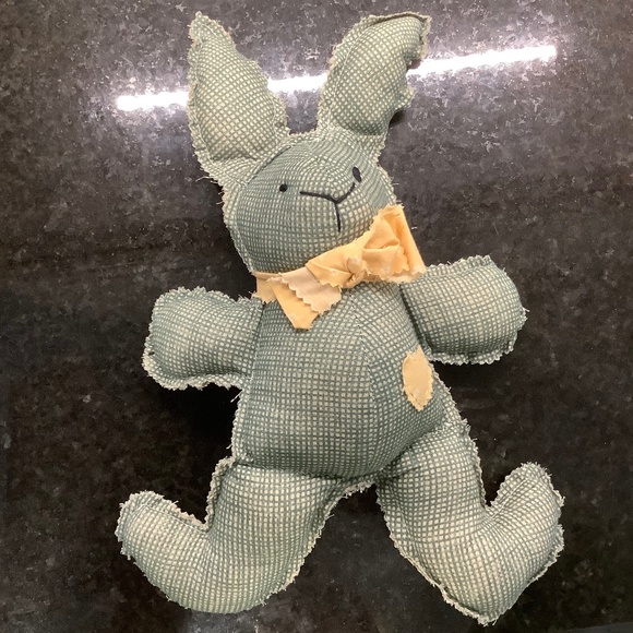 Green Gingham Stuffed Bunny Rabbit with Yellow Bow Tie and Heart - Picture 2 of 4